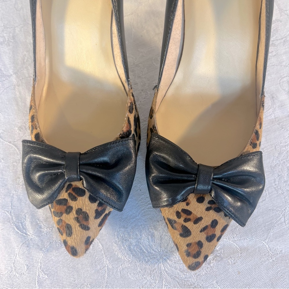 Kate Spade Heels Black Leather & Animal Print Calf Hair Black Bow Slip On EUC 7M - Picture 2 of 8